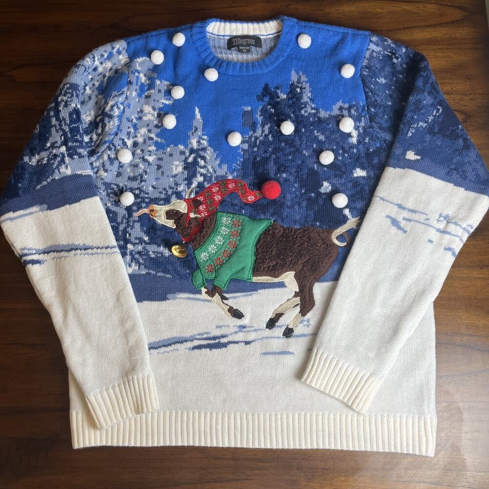 Mens Ugly Christmas Sweater Snowballs Frolicking Cow Size XL 33 Degrees Textured